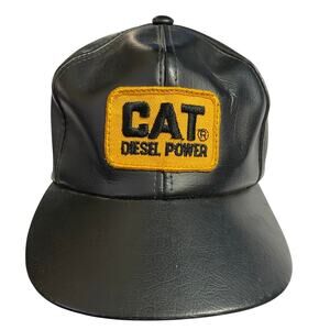 VTG CAT Diesel Power Leather Hat Black Yellow Patch Adjustable